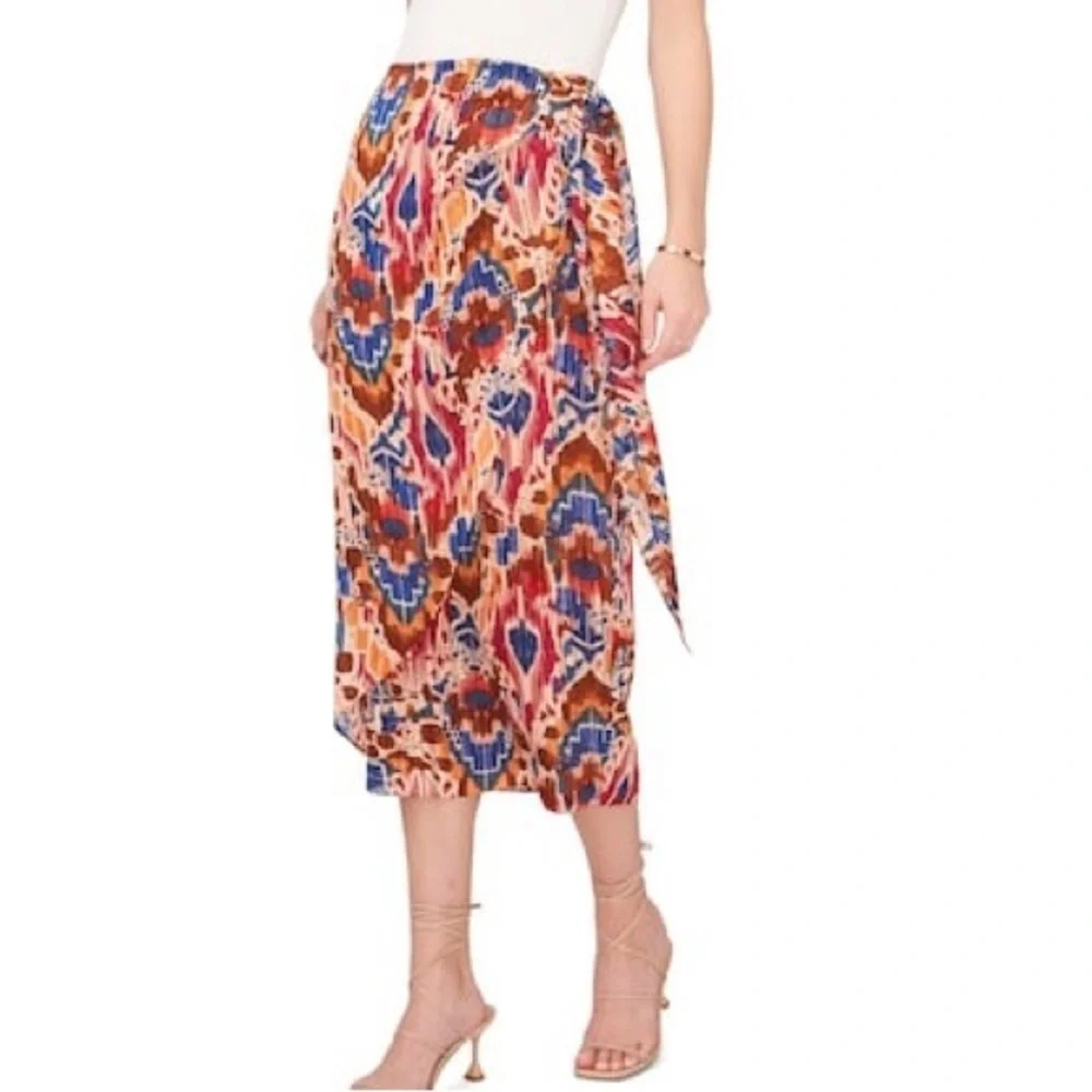Vince Camuto Printed Midi Skirt Tie Front Wrap Metallic Threads Chili Oil L NWT